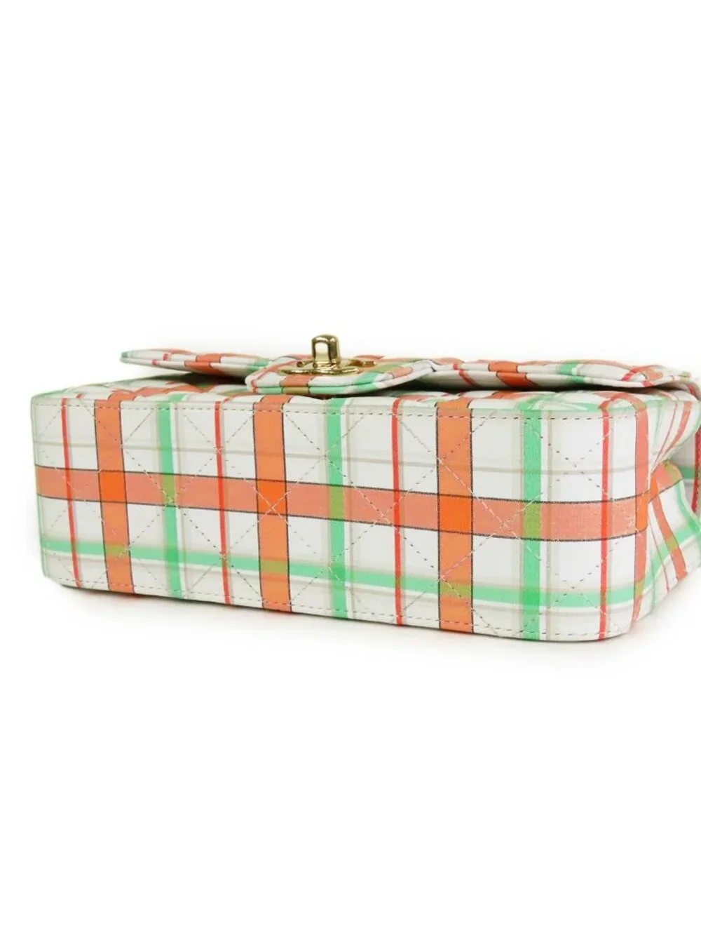 Chanel Single Flap Bag White Orange Green Leather Mini Quilted 20 Plaid Chain